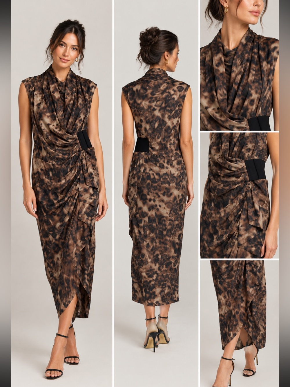 AllSaints Spitalfields Lenoix Silk Midi Wrap Dress Brown Animal Abstract UK12US8